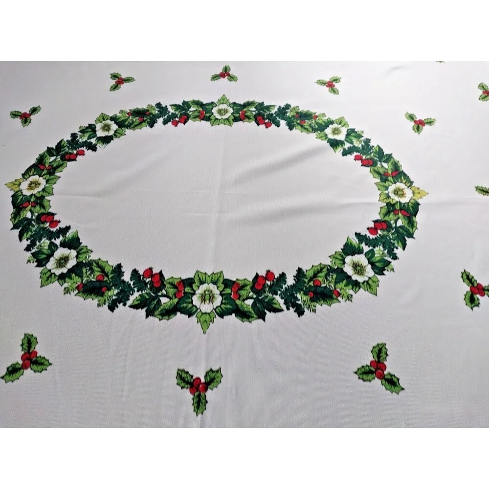 Vintage 52 x 74 Polyester Christmas Print Tablecloth Poinsettia/Holly Beautiful